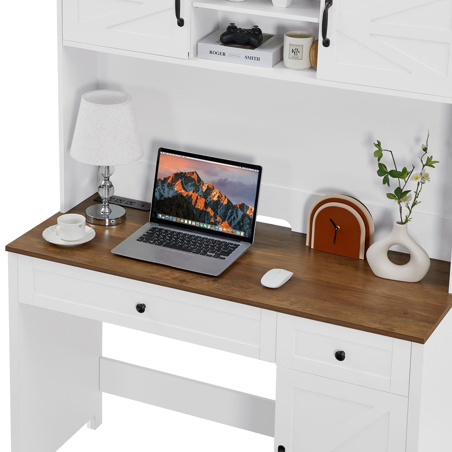 52" Farmhouse Executive Desk with Drawers, Wood Home Office Desk w/Charging Station, File Drawer, Storage Cabinet, Rustic Computer Writing Desk (Antique White)