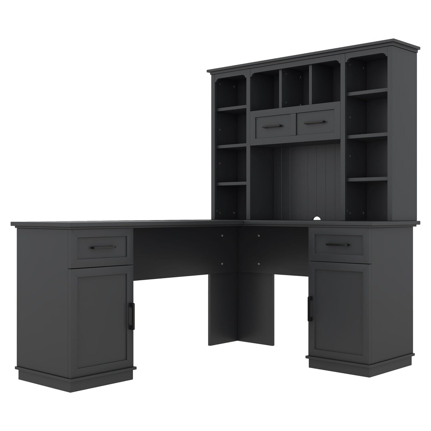 L-shaped computer desk with 2 cabinets and 2 drawers underneath the table, 11 open shelves and a flip-up shelf with storage on the right side, suitable for study, living room and office, Black