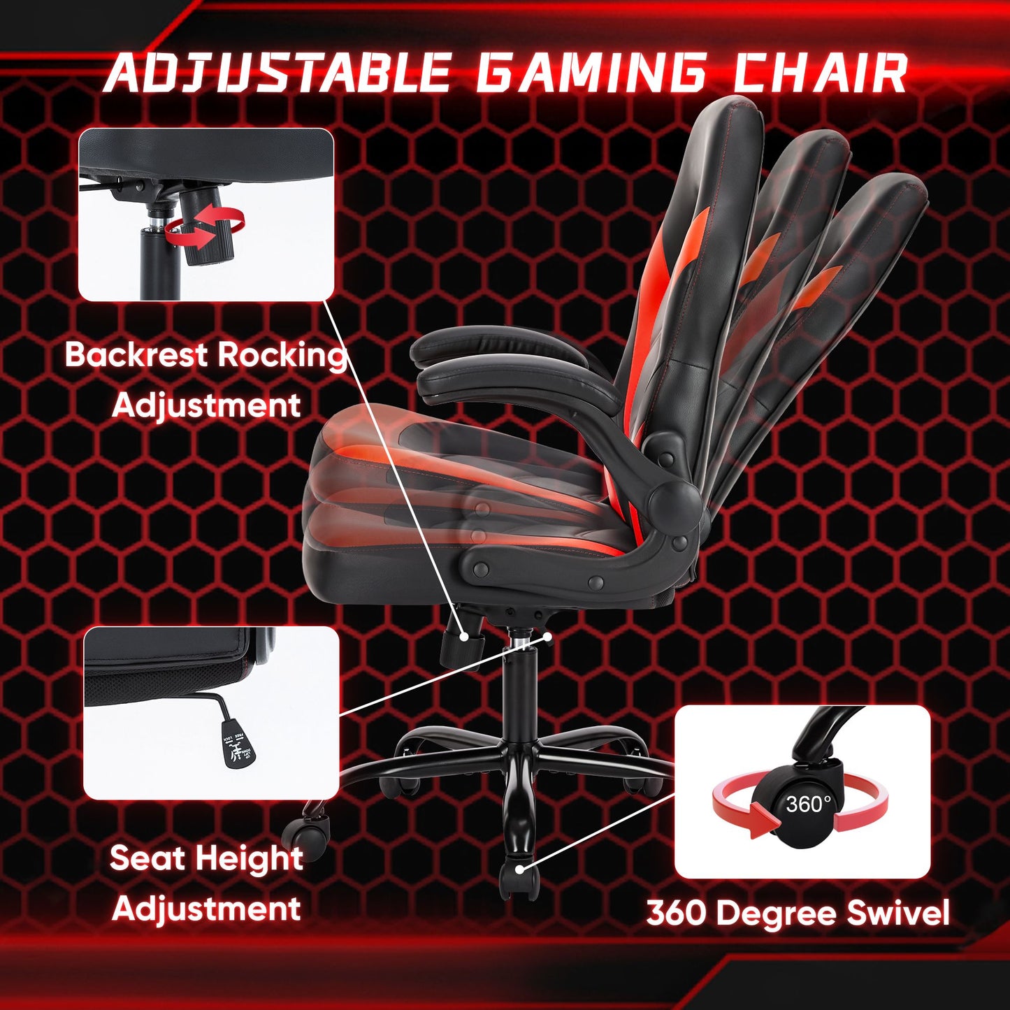 Sweetcrispy Gaming Chair - PU Leather Computer Chair Ergonomic Office Chair with Lumbar Support, Height Adjustable Rolling Desk Chairs with Flip-up Armrests