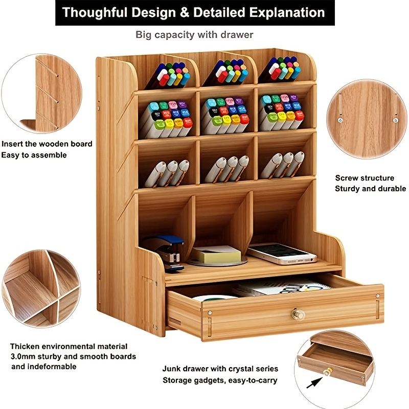 1pc Wooden Desk Organizer, Multi-Functional DIY Pen Holder, Pen Organizer For Desk, Desktop Stationary, Easy Assembly, Home Office Art Supplies Organizer Storage With Drawer