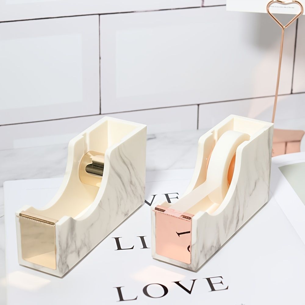 1pc Office Supplies 1-inch Rose Gold Core Heavy Duty Nonslip Tape Cutter Adhesive Marble Texture Tape Dispenser Desk