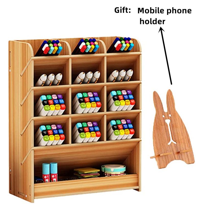 1pc Wooden Desk Organizer, Multi-Functional DIY Pen Holder, Pen Organizer For Desk, Desktop Stationary, Easy Assembly, Home Office Art Supplies Organizer Storage With Drawer