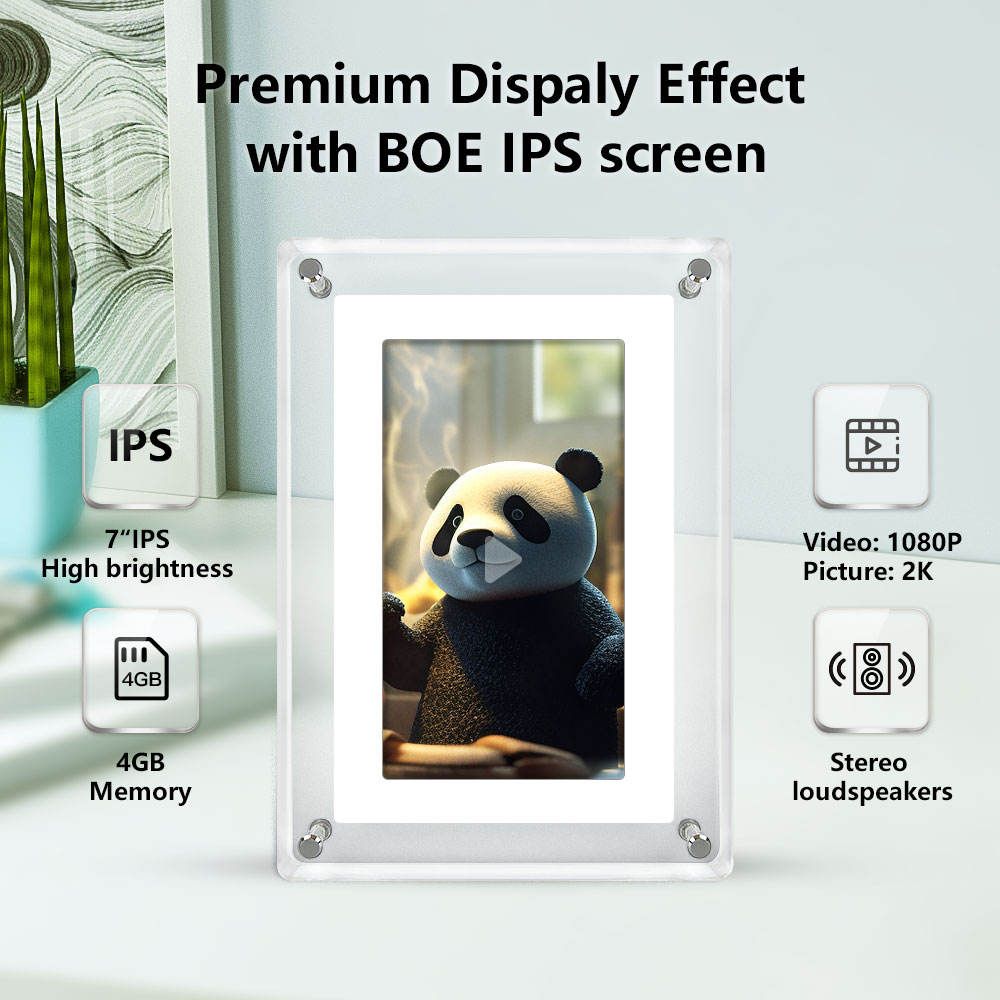 7-inch Digital Picture Frame,Acrylic Video Frame with Auto Rotate Playback, 2GB Internal Memory and 1500mAh Battery, Supports 1024 * 600 Resolution, Ideal Desktop Decorations