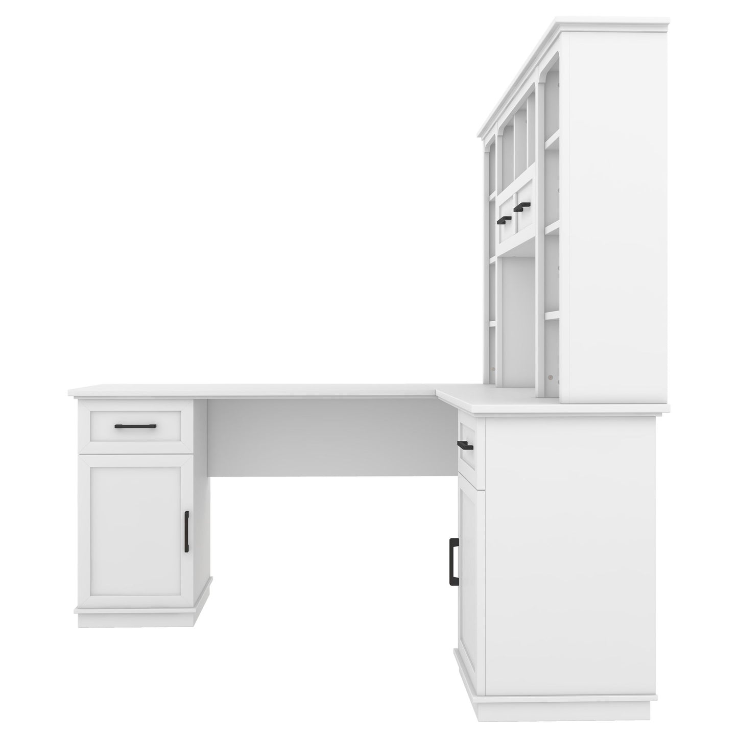 L-shaped computer desk with 2 cabinets and 2 drawers underneath the table, 11 open shelves and a flip-up shelf with storage on the right side, suitable for study, living room and office, White