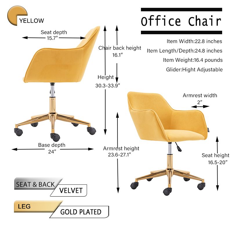 Modern Velvet Fabric Material Adjustable Height 360 revolving Home Office Chair with Gold Metal Legs and Universal Wheels for Indoor