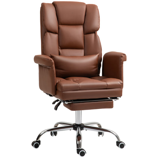 HOMCOM Executive Office Chair, PU Leather Ergonomic Office Desk Chair, Reclining and Swivel Chair with Footrest and Lumbar Support, Brown