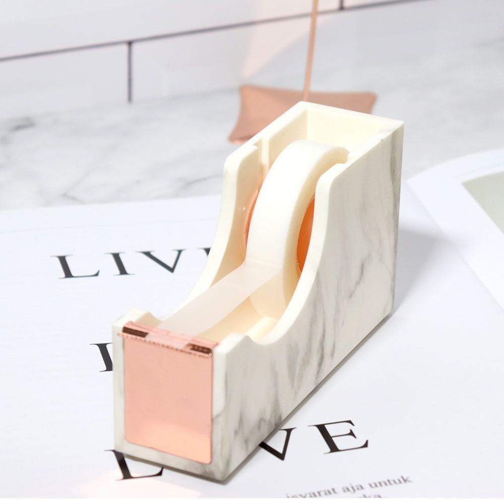 1pc Office Supplies 1-inch Rose Gold Core Heavy Duty Nonslip Tape Cutter Adhesive Marble Texture Tape Dispenser Desk