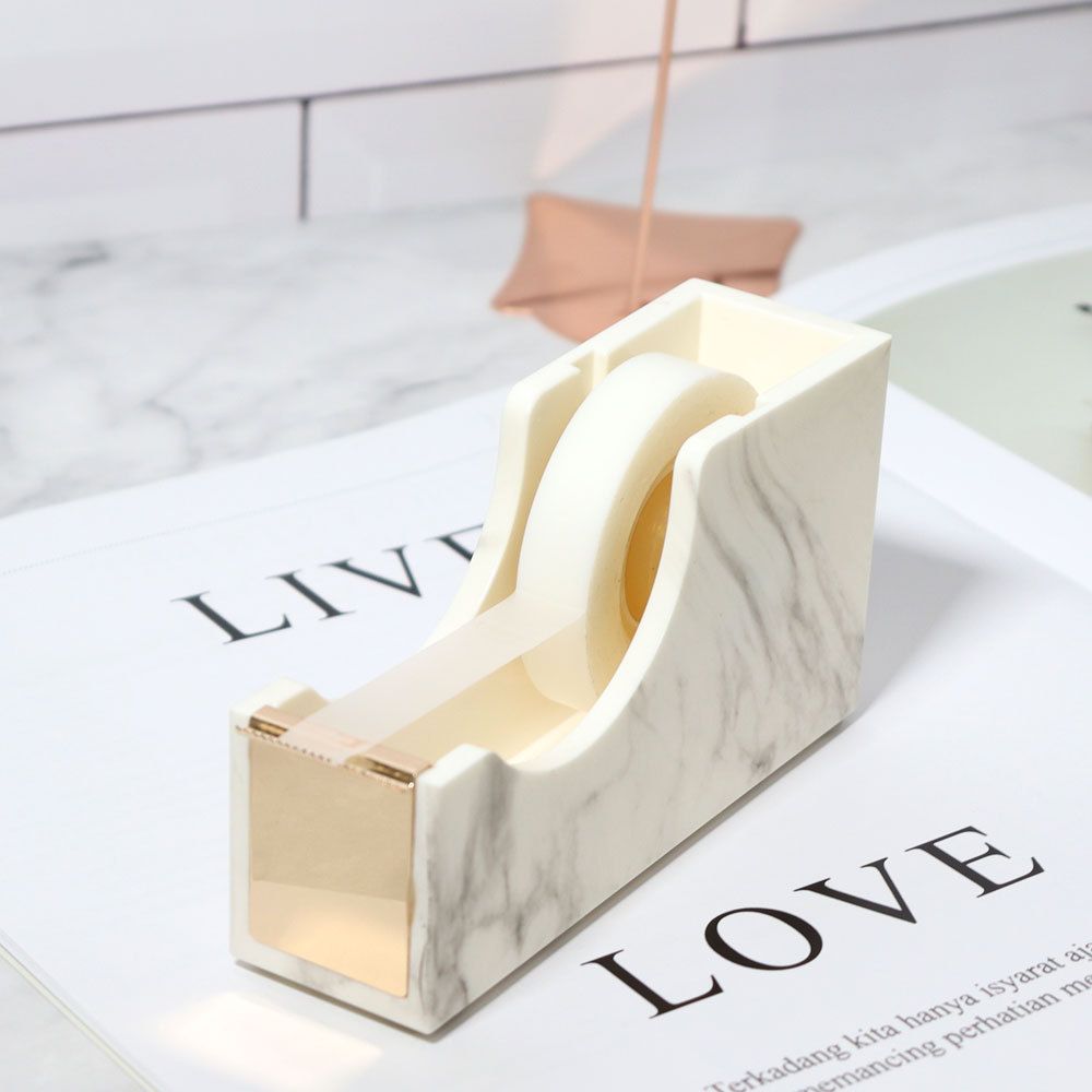 1pc Office Supplies 1-inch Rose Gold Core Heavy Duty Nonslip Tape Cutter Adhesive Marble Texture Tape Dispenser Desk