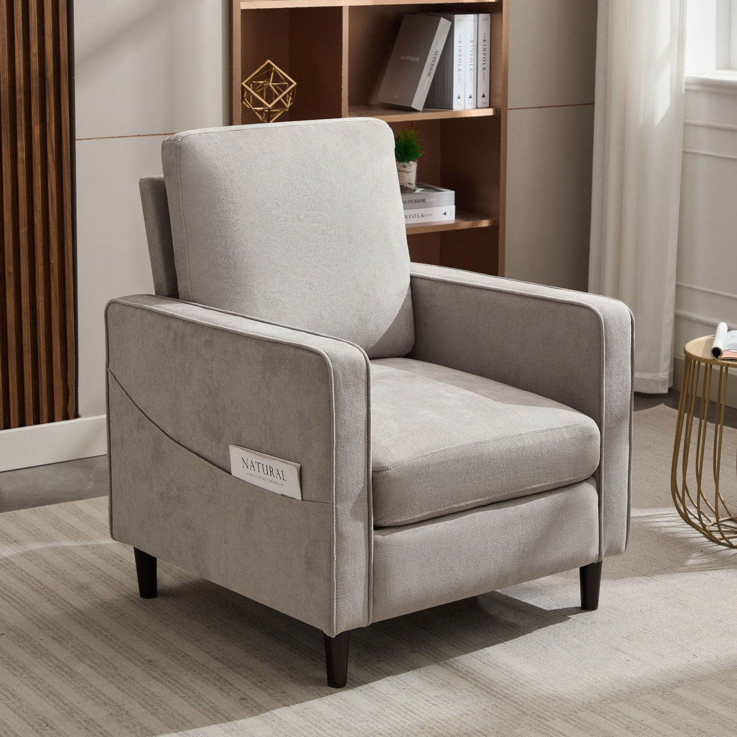 Mid-Century Accent Chair ,Modern Linen Fabric Armchair for Living Room,Double side pockets,, comfortable and padded reading feature sofa chair, suitable for bedrooms, living rooms, and offices