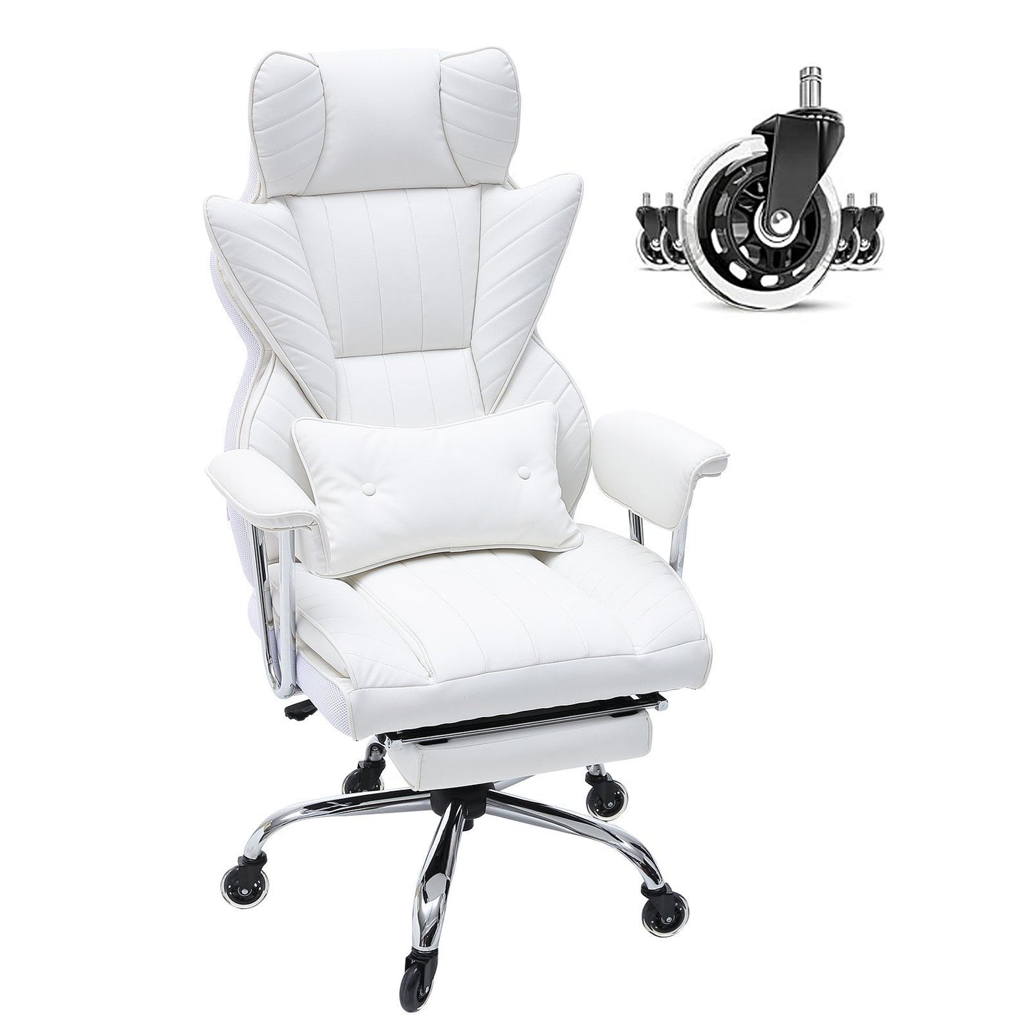 VEVOR Reclining Office Chair with Footrest, Heavy Duty PU Leather Wide Office Chair, Big and Tall Executive Office Chairs with Lumbar Support, Strong Metal Base Quiet Wheels, White