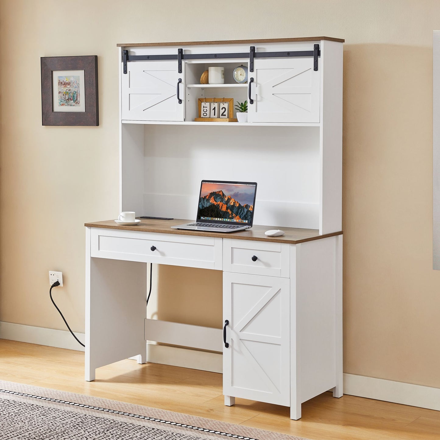 52" Farmhouse Executive Desk with Drawers, Wood Home Office Desk w/Charging Station, File Drawer, Storage Cabinet, Rustic Computer Writing Desk (Antique White)