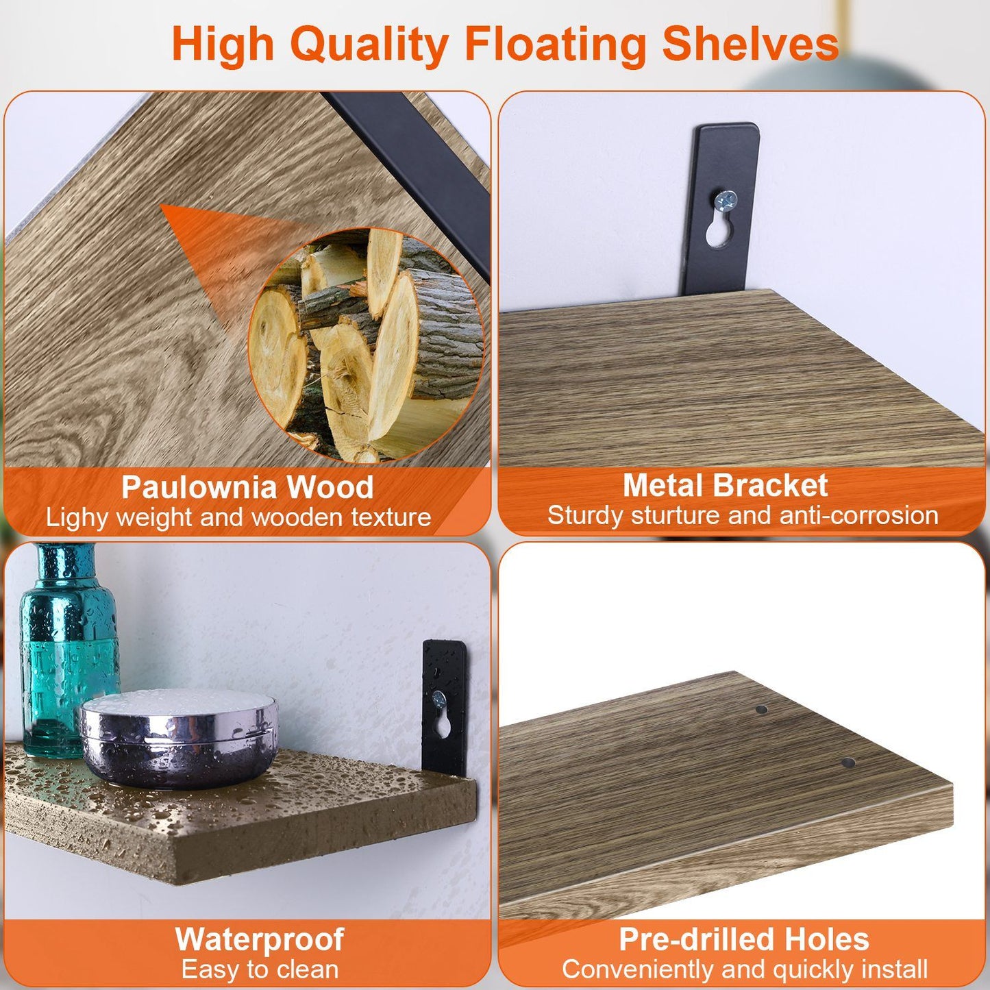 6 Sets Floating Shelves 15.55x5.19Inch Wall Mounted Shelves Wood Storage Shelves Metal Bracket Hanging Display Shelf Wall Organizer for Living Room Bathroom Kitchen Decor