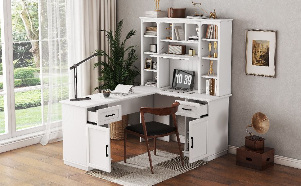 L-shaped computer desk with 2 cabinets and 2 drawers underneath the table, 11 open shelves and a flip-up shelf with storage on the right side, suitable for study, living room and office, White