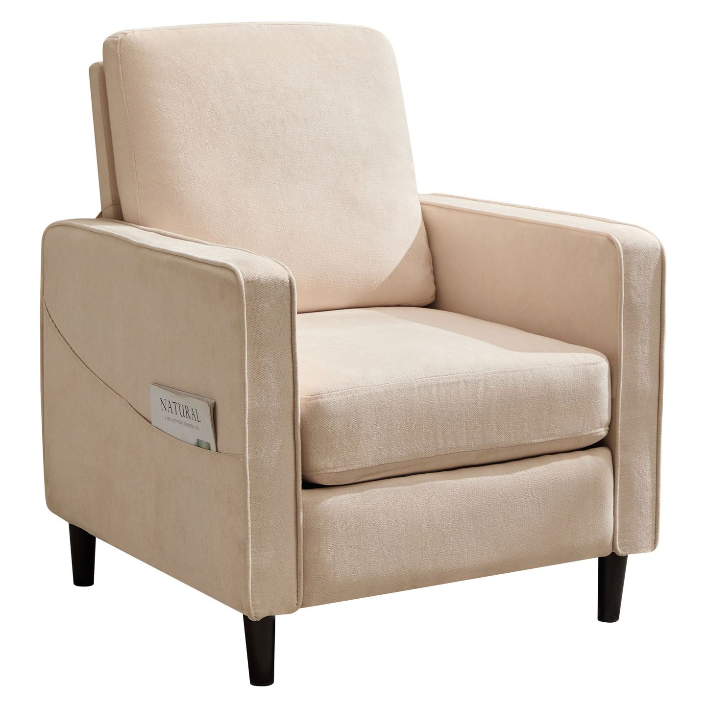 Mid-Century Accent Chair ,Modern Linen Fabric Armchair for Living Room,Double side pockets,, comfortable and padded reading feature sofa chair, suitable for bedrooms, living rooms, and offices,BEIGE