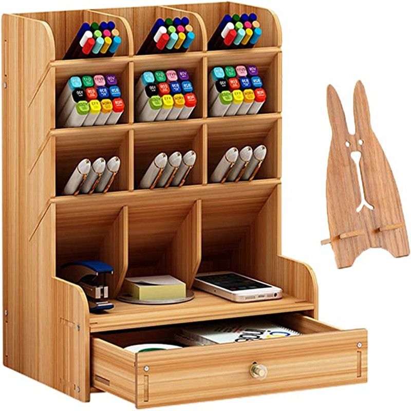 1pc Wooden Desk Organizer, Multi-Functional DIY Pen Holder, Pen Organizer For Desk, Desktop Stationary, Easy Assembly, Home Office Art Supplies Organizer Storage With Drawer