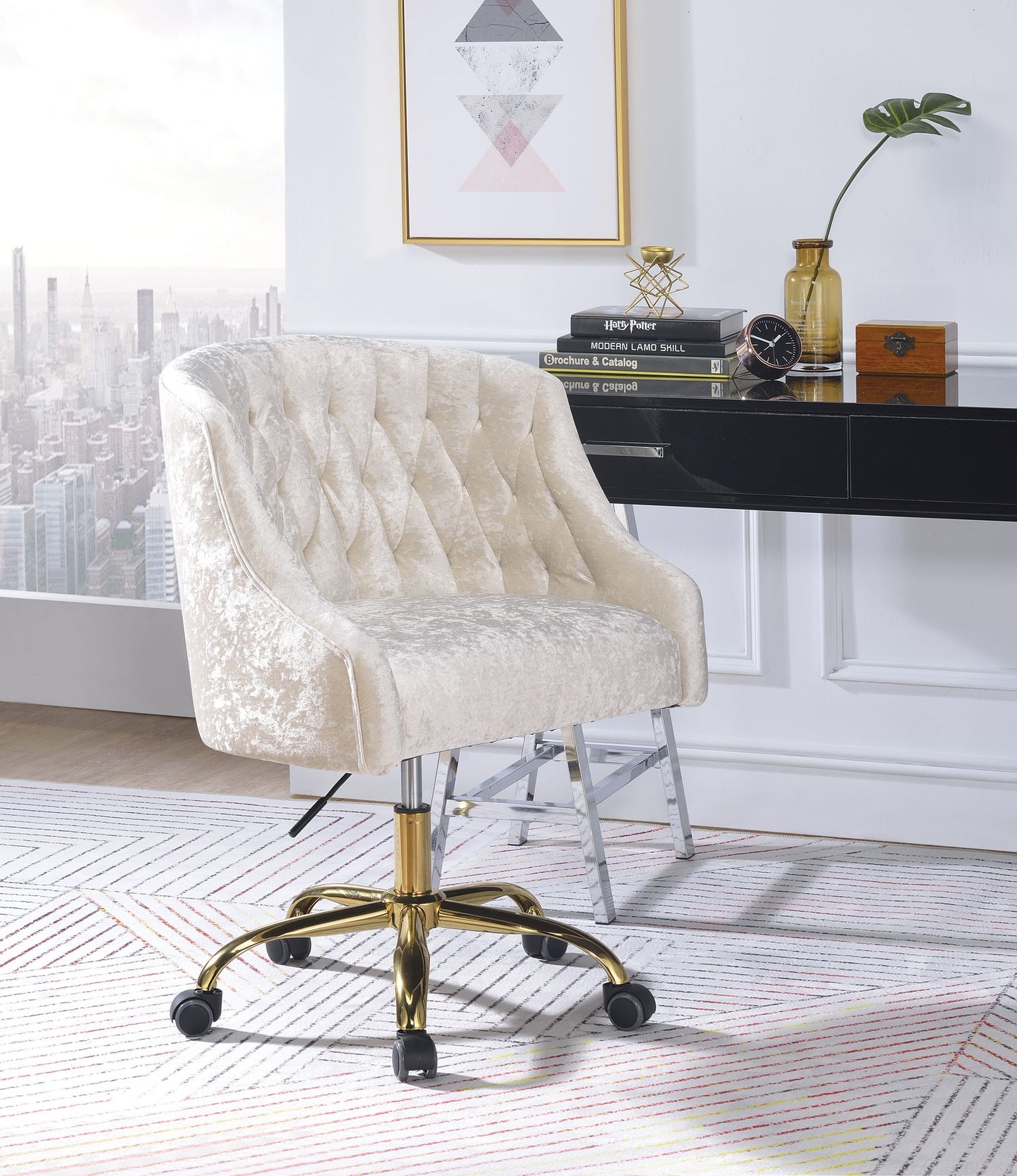 Levian Vintage Cream Velvet & Gold Finish Office Chair