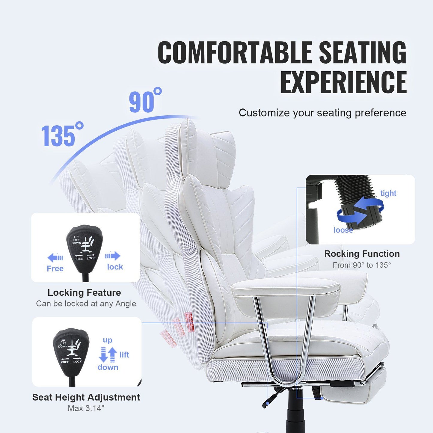 VEVOR Reclining Office Chair with Footrest, Heavy Duty PU Leather Wide Office Chair, Big and Tall Executive Office Chairs with Lumbar Support, Strong Metal Base Quiet Wheels, White