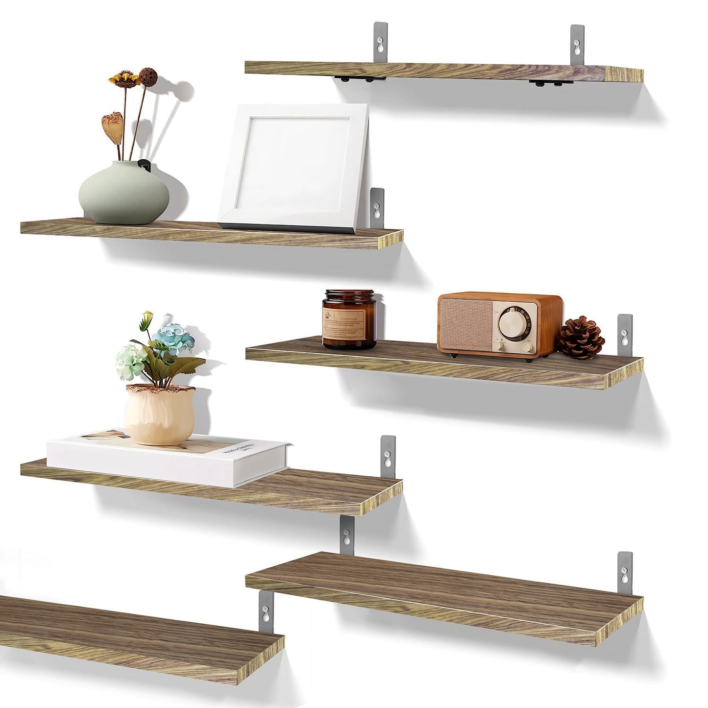 6 Sets Floating Shelves 15.55x5.19Inch Wall Mounted Shelves Wood Storage Shelves Metal Bracket Hanging Display Shelf Wall Organizer for Living Room Bathroom Kitchen Decor