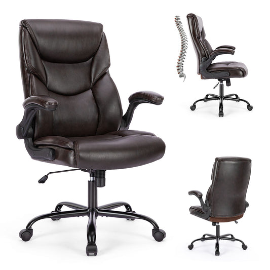 Sweetcrispy Executive Office PU Leather Desk Chair High Back Flip-Up Armrest Adjustable Ergonomic Home Office Chair