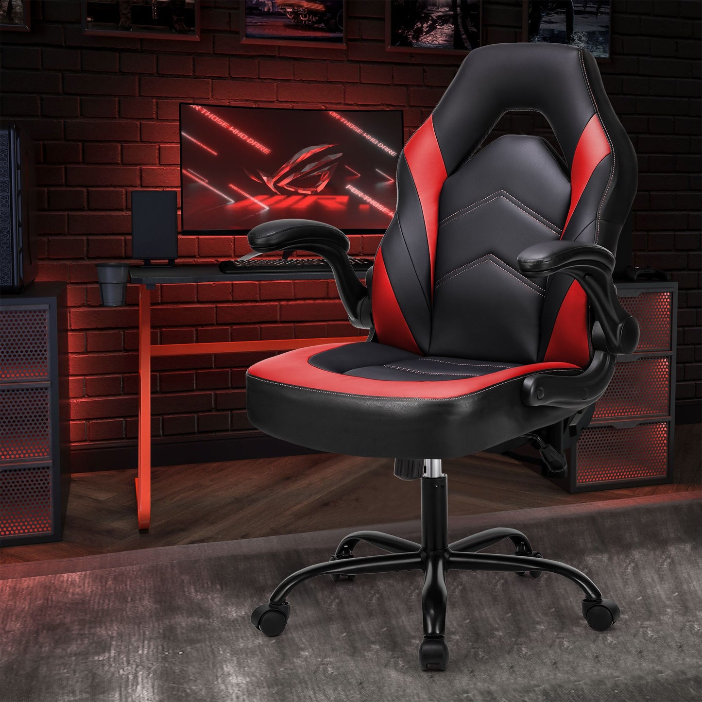 Sweetcrispy Gaming Chair - PU Leather Computer Chair Ergonomic Office Chair with Lumbar Support, Height Adjustable Rolling Desk Chairs with Flip-up Armrests