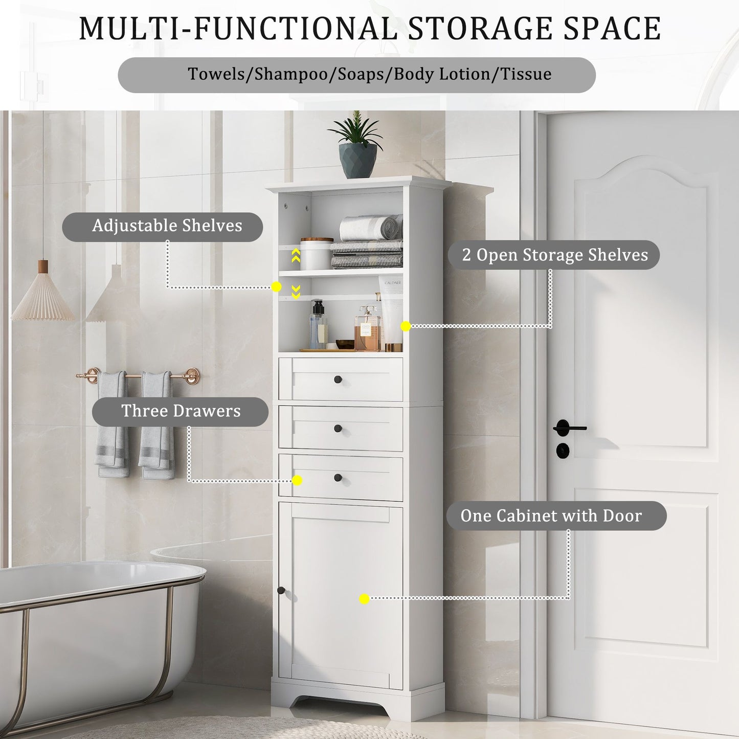 Tall Storage Cabinet with 3 Drawers and Adjustable Shelves for Bathroom;  Kitchen and Living Room;  MDF Board with Painted Finish