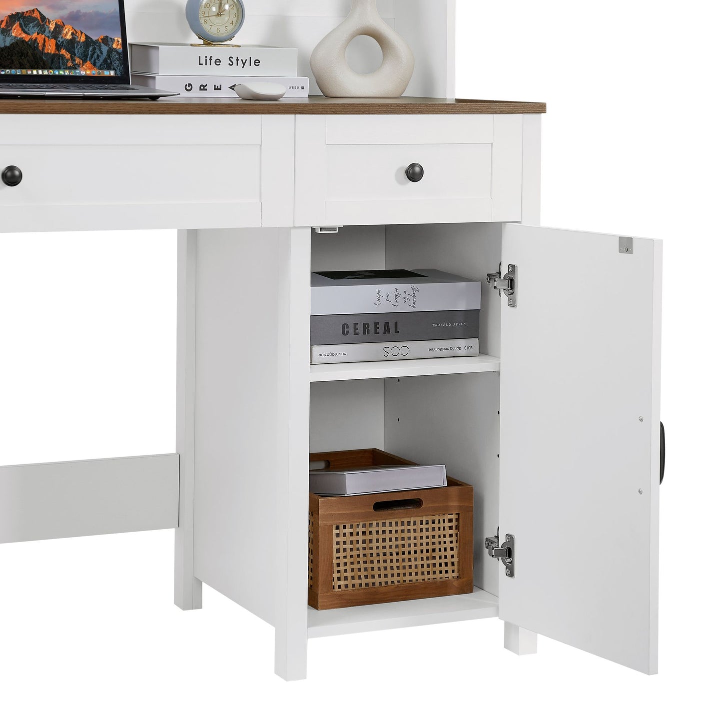 52" Farmhouse Executive Desk with Drawers, Wood Home Office Desk w/Charging Station, File Drawer, Storage Cabinet, Rustic Computer Writing Desk (Antique White)