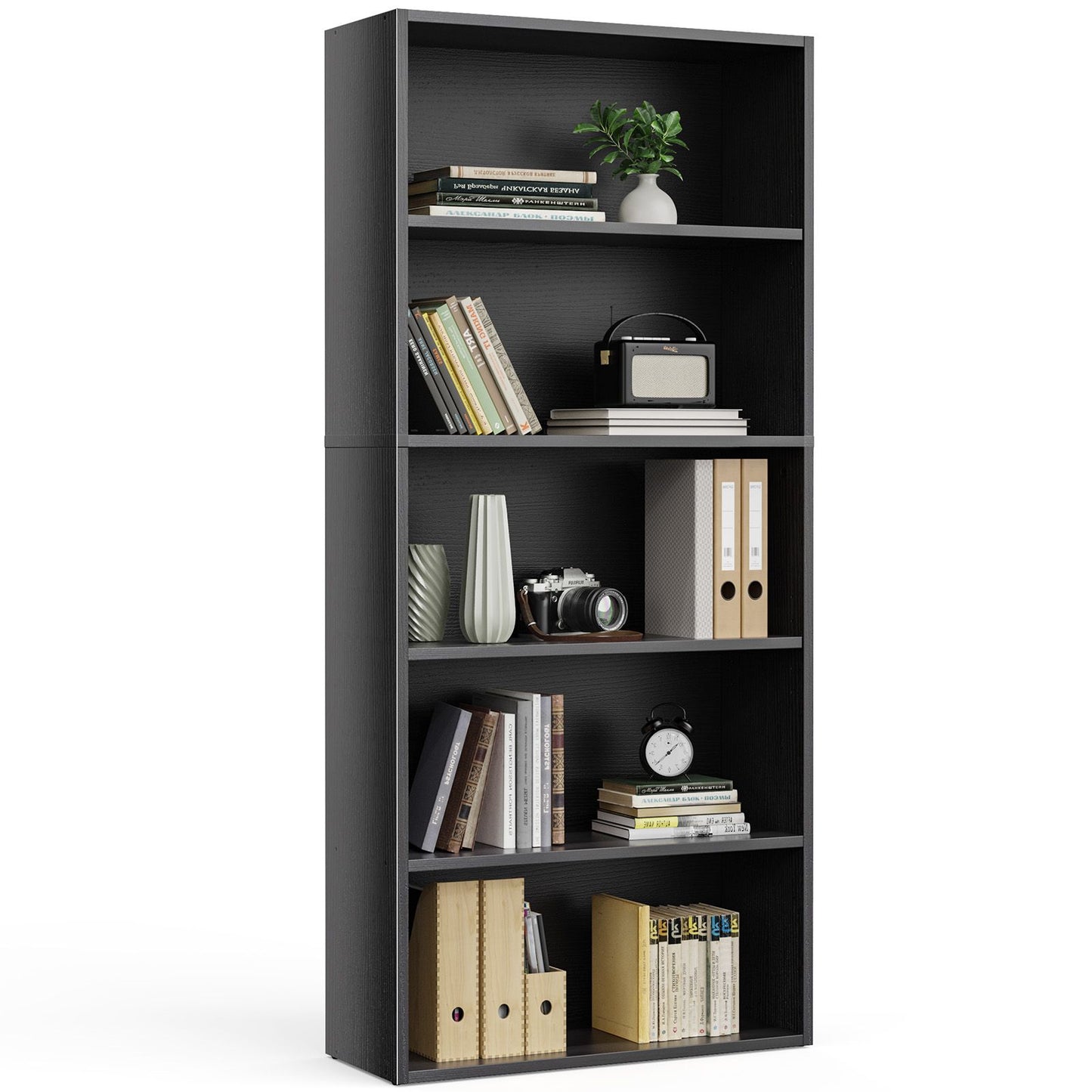 Industrial 5 Shelf Bookcase - Large 53 Inch Tall Floor Standing Open Bookshelf for Home Office, Living Room, and Bedroom Storage, Black