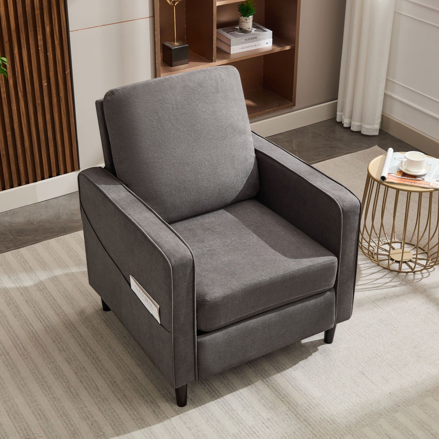 Mid-Century Accent Chair ,Modern Linen Fabric Armchair for Living Room,Double side pockets,, comfortable and padded reading feature sofa chair, suitable for bedrooms, living rooms, and offices