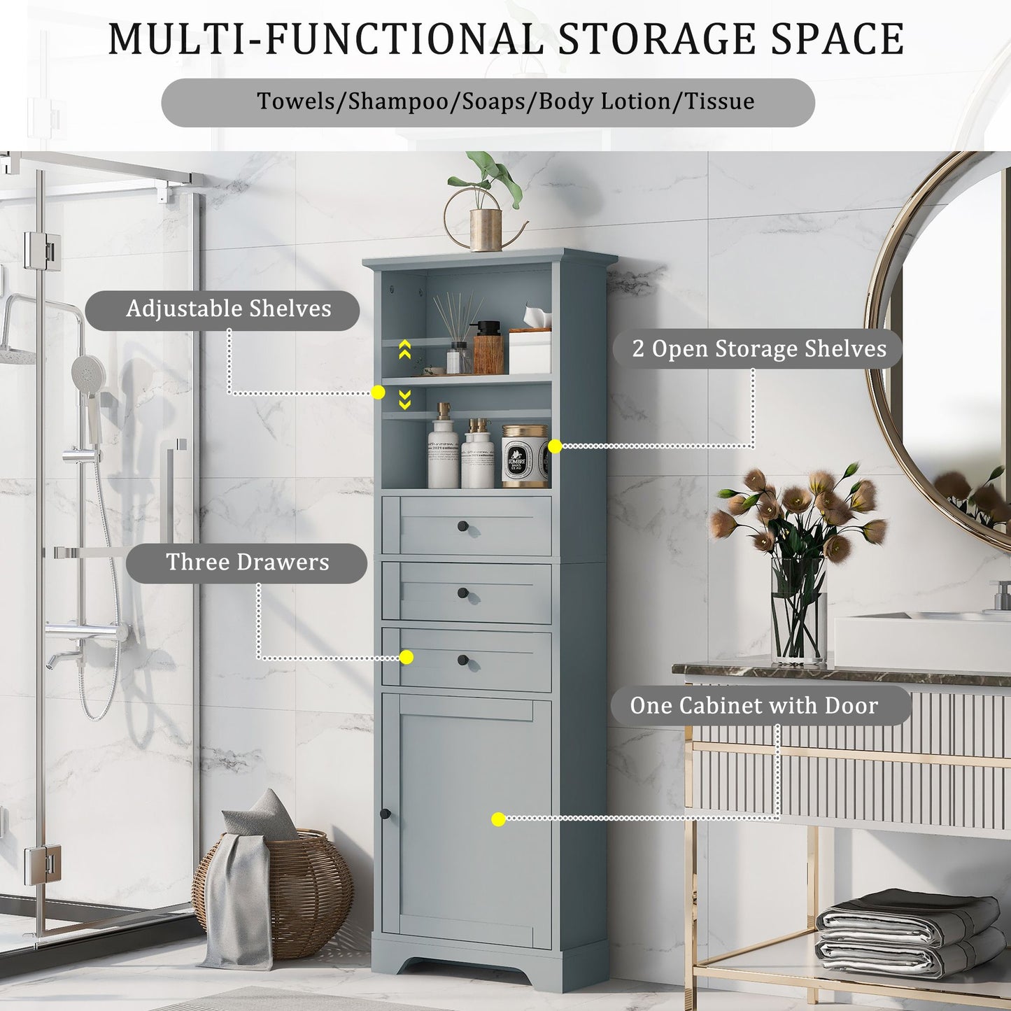 Tall Storage Cabinet with 3 Drawers and Adjustable Shelves for Bathroom;  Kitchen and Living Room;  MDF Board with Painted Finish