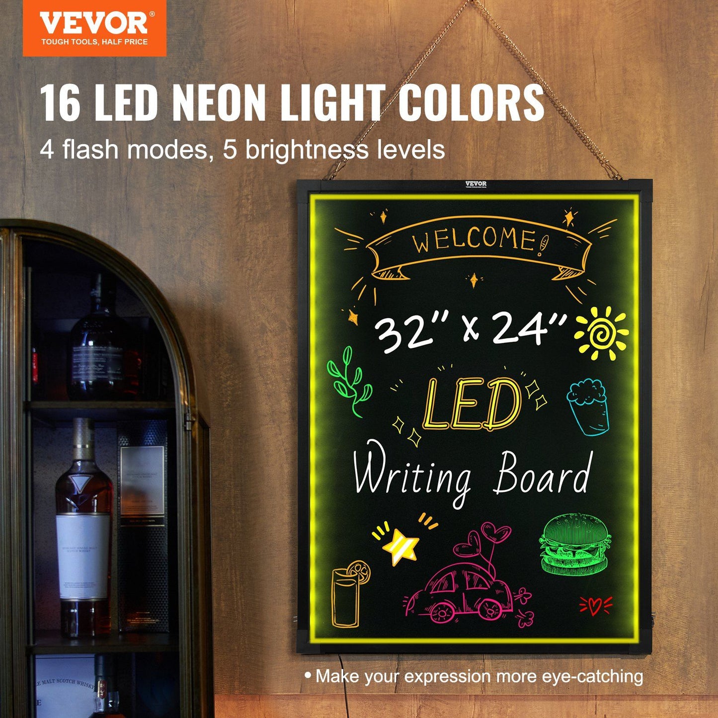 VEVOR LED Message Writing Board, 32"x24" Illuminated Erasable Lighted Chalkboard, Neon Effect Menu Sign Board, Drawing Board with 8 Fluorescent Chalk Markers and Remote Contro Tested toStandards