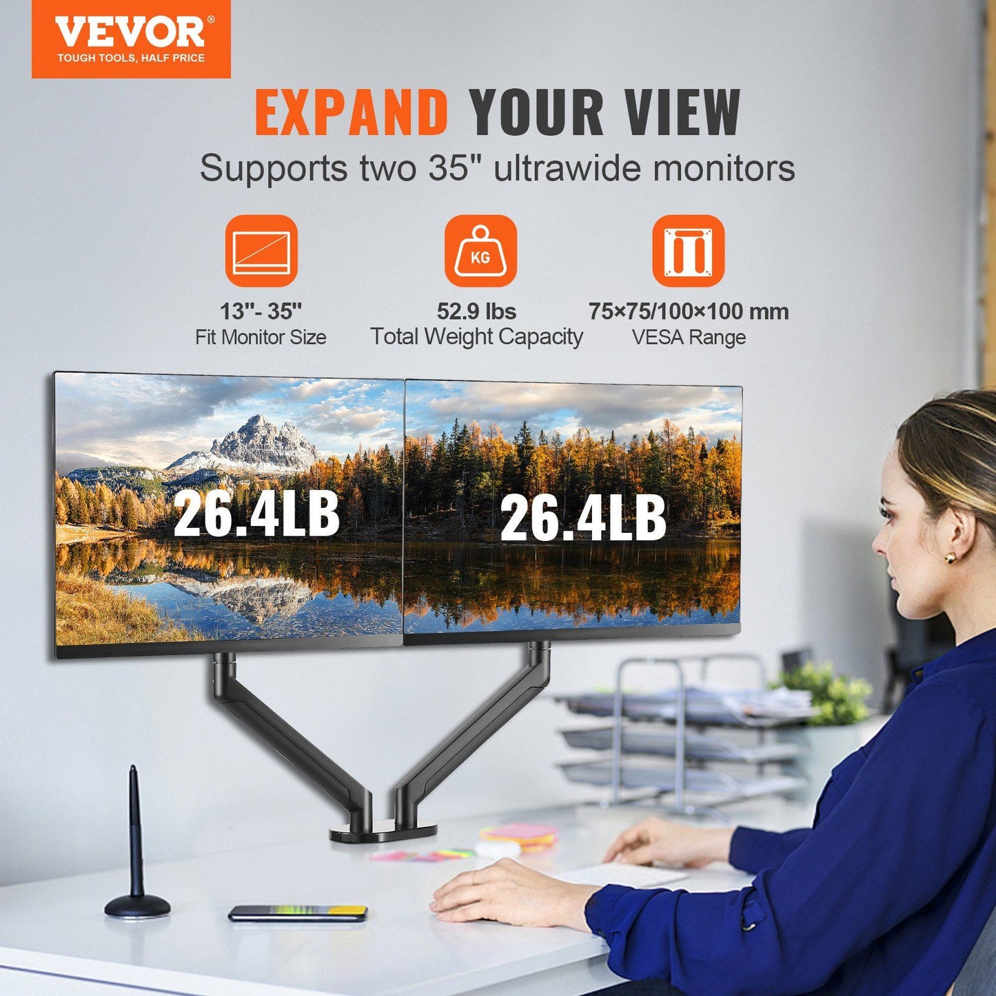 VEVOR Dual Monitor Stand for Desk, Supports 13"-35" Screens, Fully Adjustable Gas Spring Monitor Arm, Each Arm Holds up to 26.4 lbs, Dual Monitor Arm with C-Clamp/Grommet Mounting Base, VESA 75/100mm